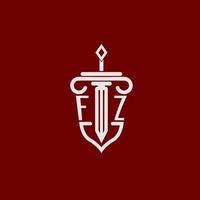 F Z första logotyp monogram design för Rättslig advokat vektor bild med svärd och skydda
