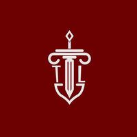 tl första logotyp monogram design för Rättslig advokat vektor bild med svärd och skydda