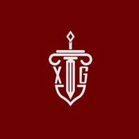 xg första logotyp monogram design för Rättslig advokat vektor bild med svärd och skydda