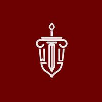 wu Initiale Logo Monogramm Design zum legal Anwalt Vektor Bild mit Schwert und Schild
