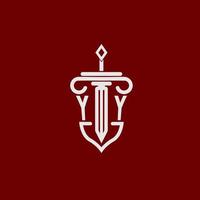 yy första logotyp monogram design för Rättslig advokat vektor bild med svärd och skydda