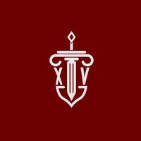 xv första logotyp monogram design för Rättslig advokat vektor bild med svärd och skydda