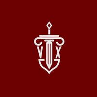vx Initiale Logo Monogramm Design zum legal Anwalt Vektor Bild mit Schwert und Schild