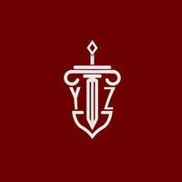 yz första logotyp monogram design för Rättslig advokat vektor bild med svärd och skydda
