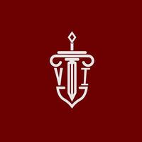 vi Initiale Logo Monogramm Design zum legal Anwalt Vektor Bild mit Schwert und Schild
