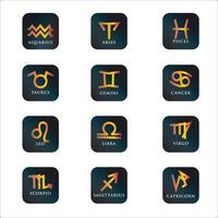 zodiak ikonuppsättning. stjärntecken för astrologihoroskop. mörk knappfärg och guld stjärntecken vektor