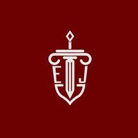 ej Initiale Logo Monogramm Design zum legal Anwalt Vektor Bild mit Schwert und Schild
