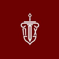 nx första logotyp monogram design för Rättslig advokat vektor bild med svärd och skydda