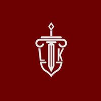 lk första logotyp monogram design för Rättslig advokat vektor bild med svärd och skydda
