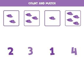 räkning spel för ungar. räkna Allt lila hav skal och match med tal. kalkylblad för barn. vektor