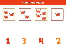 räkning spel för ungar. räkna Allt tecknad serie krabbor och match med tal. kalkylblad för barn. vektor