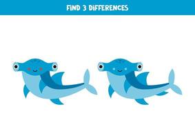 hitta 3 skillnader mellan två söt hammarhaj hajar. vektor
