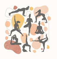 konturer av kvinnor i yogaställningarna på en annan form och linjer bakgrund. trendig modern affisch. vektor