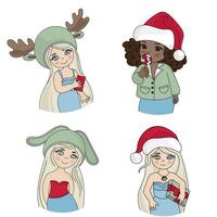 Weihnachten Blog Symbol Mädchen Porträt Vektor Illustration einstellen