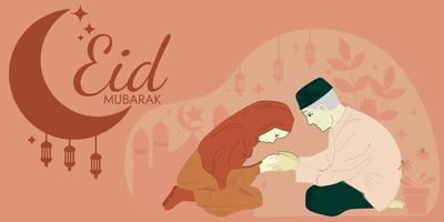 eid mubarak affisch illustration. platt design gammal man och kvinna i hijab skakning händer. vektor