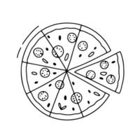 Pizza mit Scheibe Schnitt aus. Vektor Gekritzel Gliederung Illustration isoliert auf Weiß