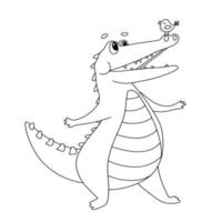 söt linje krokodil med liten fågel. rolig alligator karaktär isolerat på vit. översikt vektor illustration för färg bok