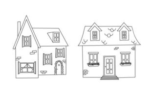 Hand gezeichnet Gliederung alt und gemütlich klein Haus. süß Hütten isoliert auf Weiß Hintergrund zum Färbung Seite vektor