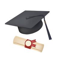 gradering keps och diplom med täta 3d ikon. hatt med tofs, papper skrolla med bricka 3d vektor illustration på vit bakgrund. utbildning, gradering, Framgång begrepp.