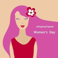 vykort med internationell kvinnors dag Mars 8. flicka med rosa hår. vektor