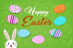 Postkarte, Komposition mit Ostern Eier und ein Hase auf ein Grün Hintergrund. glücklich Ostern. vektor