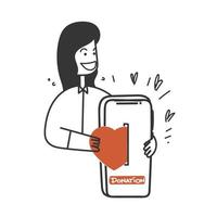 Hand gezeichnet Gekritzel Person spenden Herz auf Handy, Mobiltelefon Telefon Illustration Vektor