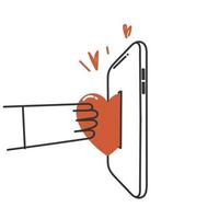Hand gezeichnet Gekritzel Person spenden Herz auf Handy, Mobiltelefon Telefon Illustration Vektor