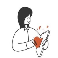hand dragen klotter person donera hjärta på mobil telefon illustration vektor