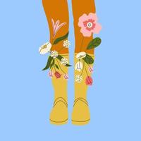 weiblich Beine im das Gummi Stiefel. cool Schuhwerk mit Blumen. hoch Socken . Hand gezeichnet Vektor farbig modisch Mode Illustration. eben Design