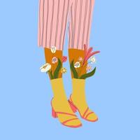 weiblich Beine im das Sandalen. cool Schuhwerk mit Blumen. hoch Socken . Hand gezeichnet Vektor farbig modisch Mode Illustration. eben Design