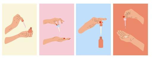 einstellen von weiblich Hände hält Pipette zum Hautpflege mit Öl Serum Flasche, Creme. Hand zeichnen Vektor Illustration