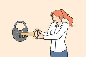 leende ung kvinna öppen låsa med enorm nyckel. Lycklig affärskvinna använda sig av verktyg för hänglås öppning. problem lösning. vektor illustration.