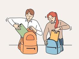 lächelnd Studenten Pack Rucksäcke im Schule oder Hochschule. glücklich Schüler stellen Bücher im Taschen Fertig Klassen im Institution. Bildung. Vektor Illustration.