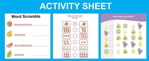 3 im 1 Aktivität zum Kinder. lehrreich druckbar Arbeitsblatt. Früchte Arbeitsblatt Thema. Vektor Illustrationen.
