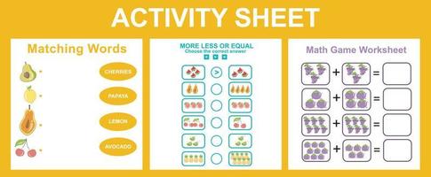 3 i 1 aktivitet för barn. pedagogisk tryckbar arbetsblad. frukt kalkylblad tema. vektor illustrationer.