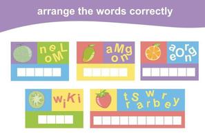 ordna de ord korrekt. kalkylblad för förskola. skrivning öva. vektor fil.