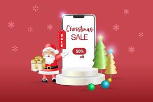 fröhlich Weihnachten Verkauf. Produkt Anzeige Podium auf leer Smartphone Bildschirm mit Santa Klaus, Weihnachten Baum und dekorativ Ornamente. vektor