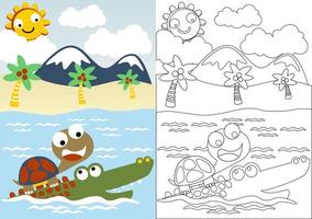 söt sköldpadda rida på krokodil i de strand, färg bok eller sida, vektor tecknad serie illustration