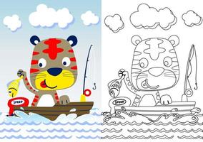süß Katze Angeln auf Boot, Vektor Karikatur Illustration, Färbung Buch oder Seite