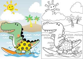 süß Dinosaurier Surfen im das Strand beim Sommer- Urlaub, Färbung Buch oder Buchseite, Vektor Karikatur