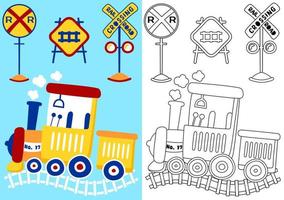 Dampf Zug mit Eisenbahn Zeichen, Vektor Karikatur Illustration, Färbung Buch oder Seite