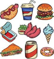 Symbol einstellen von schnell Lebensmittel. Mahlzeit Gastronomie, ungesund Essen, Müll Lebensmittel. Essen Konzept. zum Themen mögen Lieferung, Mahlzeit, Cafe.