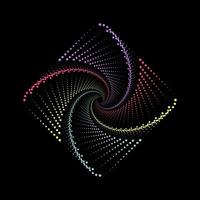Flerfärgad prickad spiral virvel vadderad fyrkant vektor mall. violett, rosa, gul, och cyan virvla runt mönster prickar.
