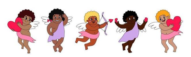 hjärtans dag uppsättning av mångkultur änglar. olika av cupids. vektor illustration handla om kärlek, hjärta, pil. häftig tecknad serie karaktär