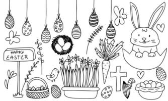 uppsättning av påsk klotter element. ägg, kanin, blommor, gren och vår. vektor illustration.