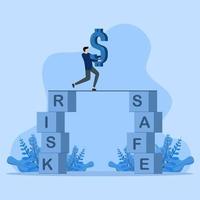 speichern Finanzen Konzept von Risiko, Risiko Management, nehmen Risiko oder Sicherheit Konzept, Geschäftsmann balancieren Dollar Zeichen und Weg von Risiko zu Sicherheit