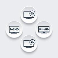 hög definition ikoner uppsättning, full hd, ultra hd, 2k, 4k video, vektor illustration