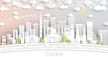 cairo egypten stad horisont i papper skära stil med snöflingor, måne och neon krans. vektor