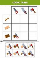 utbildning spel för barn logik tabell tecknad serie fick syn på yxa och motorsåg match med korrekt trä logga tryckbar verktyg kalkylblad vektor