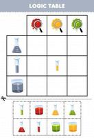 Bildung Spiel zum Kinder Logik Tabelle Karikatur Flasche Becherglas und Prüfung Tube Spiel mit richtig Farbe druckbar Werkzeug Arbeitsblatt vektor